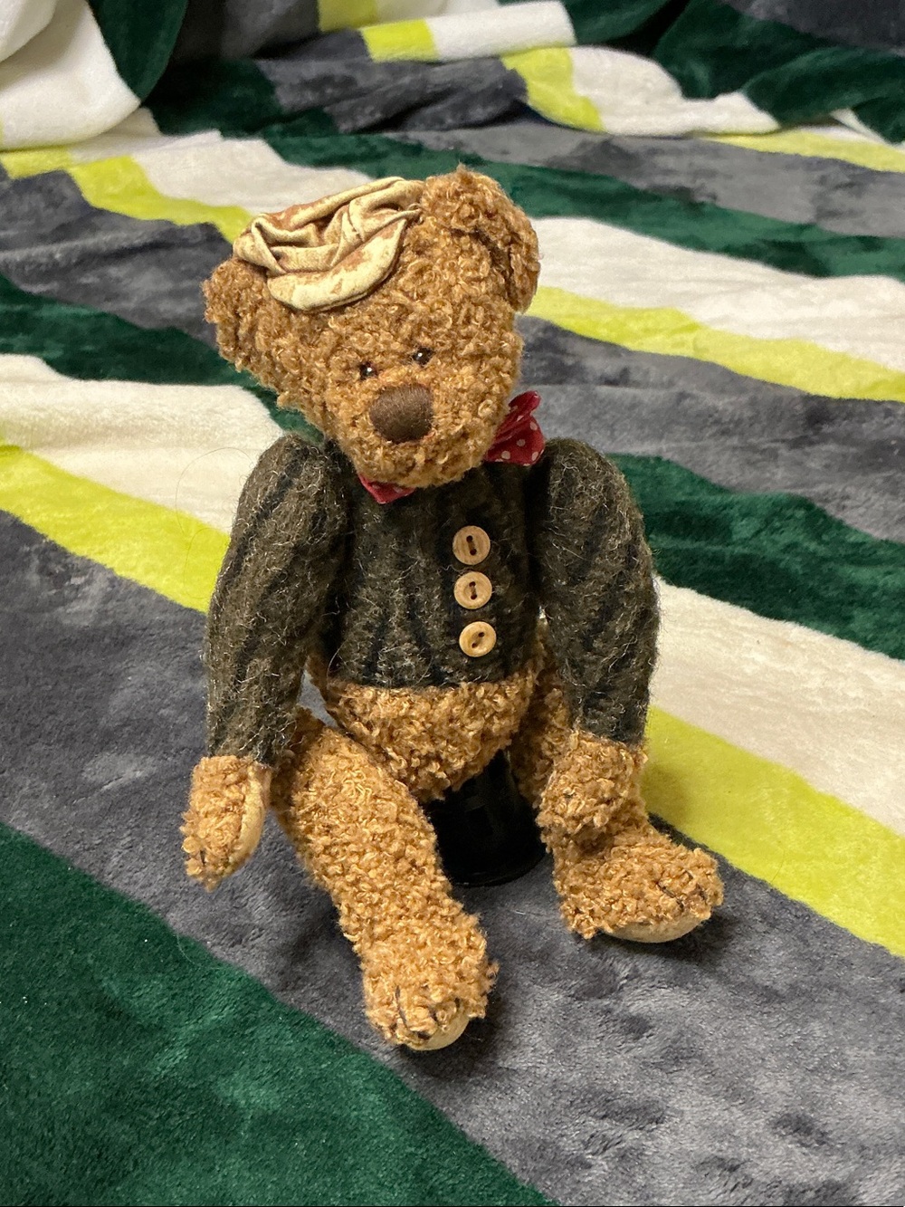 GANZ Brown Plush Teddy Bear with Green Sweater and Red Bow Tie